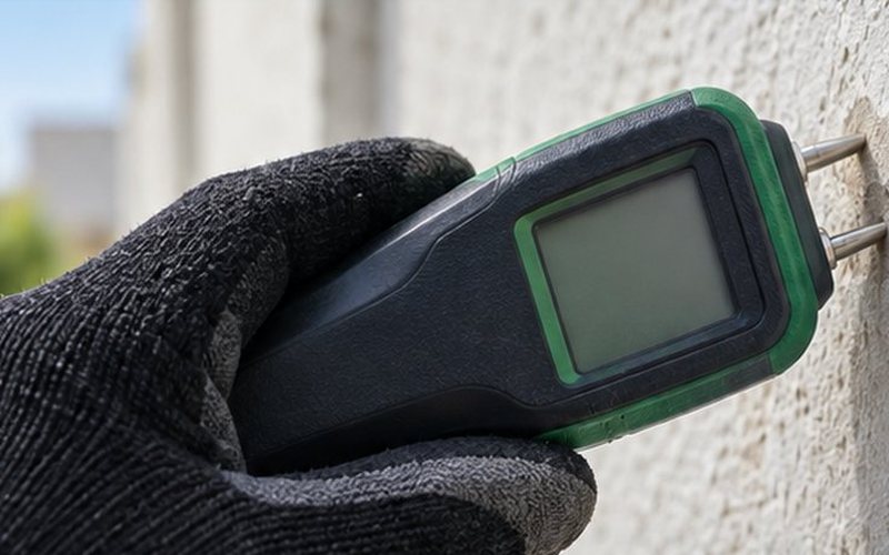 A moisture meter pressed against a rendered wall