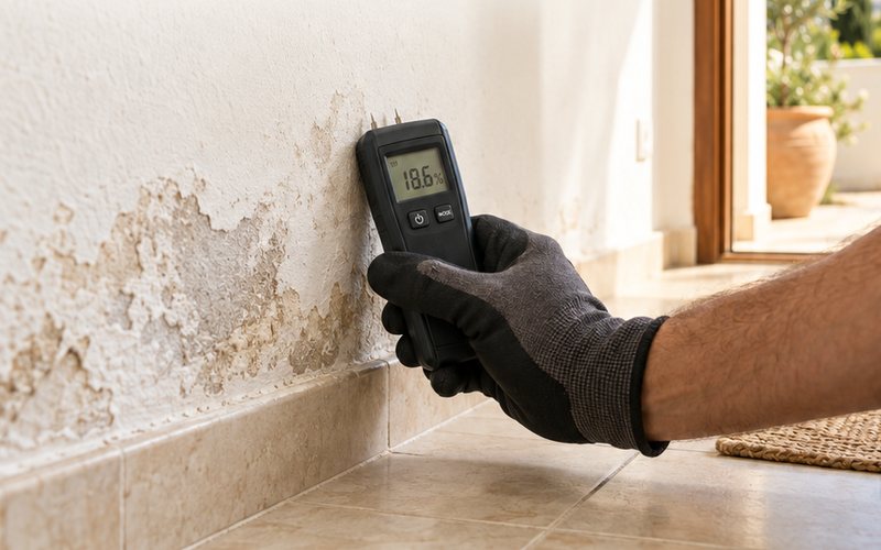 Taking a moisture reading on a wall with flaking plaster at skirting level